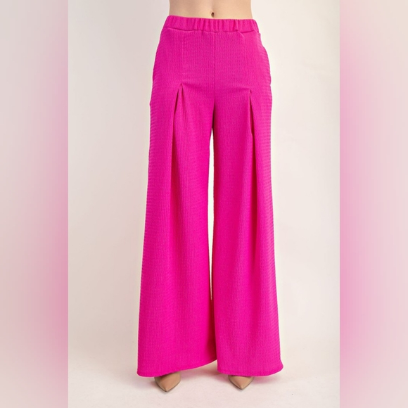 Celeste Pants - Celeste Textured Wide-Leg Pants with PocketsVibrant Pink Wide-Leg Pants